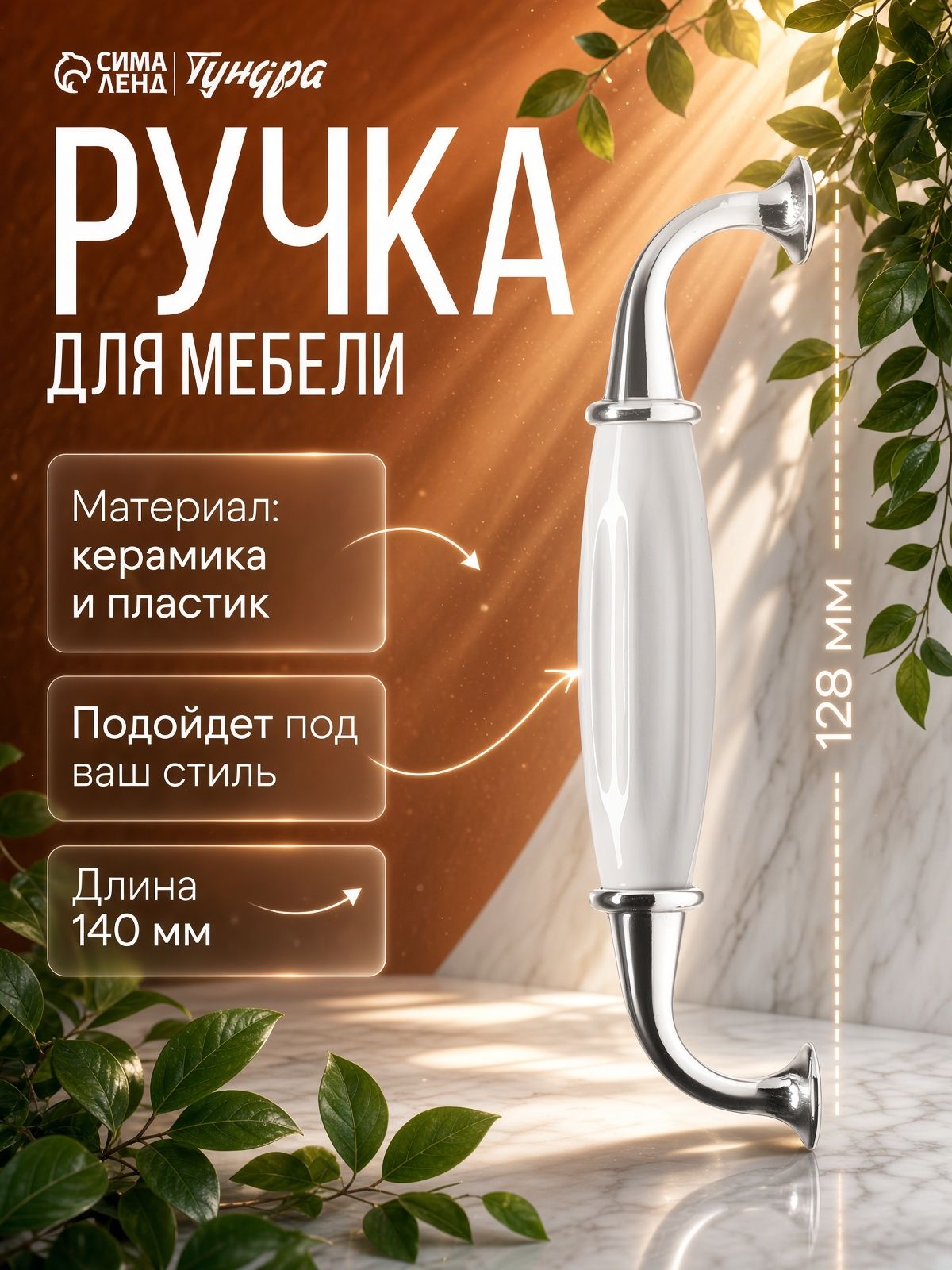 Ручка для мебели скоба керамическая 128 мм , цвет хром