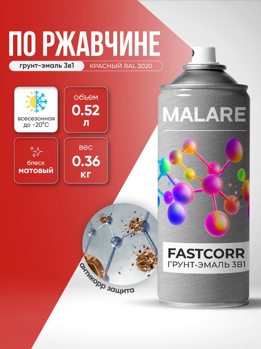Аэрозольная грунт-эмаль по ржавчине 3 в 1 Malare FastCorr краска для металла, антикоррозионная износостойкая быстросохнущая RAL 3020, красный, матовая, 520 мл.