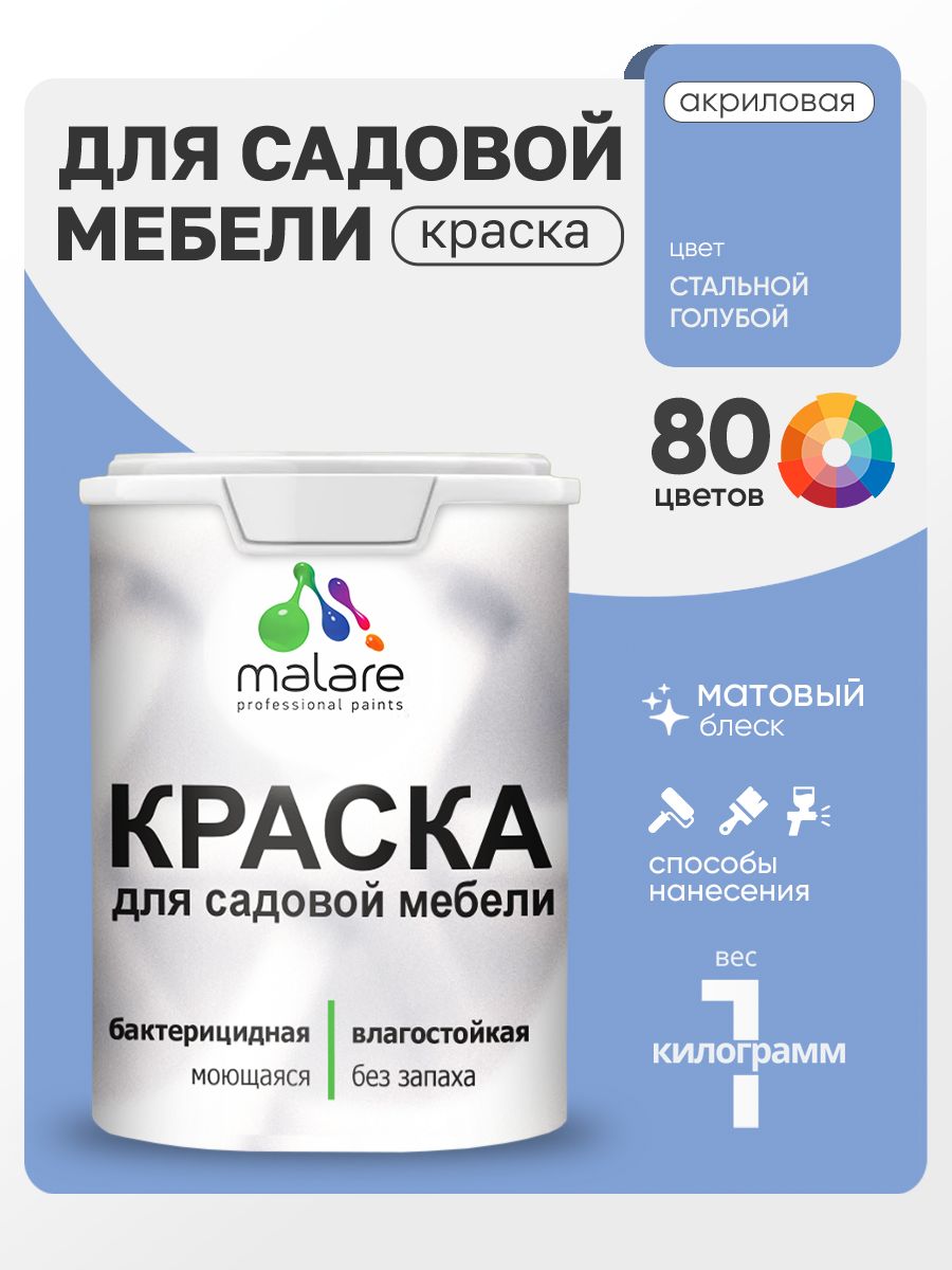 Акриловая краска Malare для садовой мебели/ по дереву, для наружных и внутренних работ/ быстросохнущая моющаяся без запаха матовая, стальной голубой, 1 кг