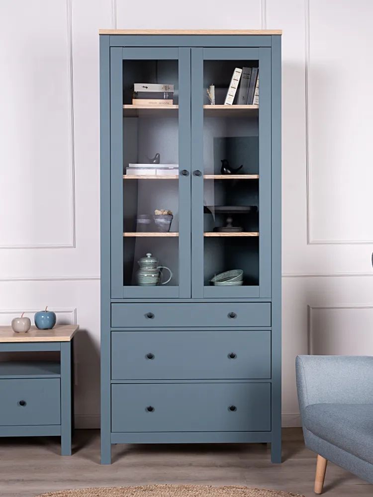 САГАшкафсвитриной90х41х215см,темно-бирюзовый/ясень