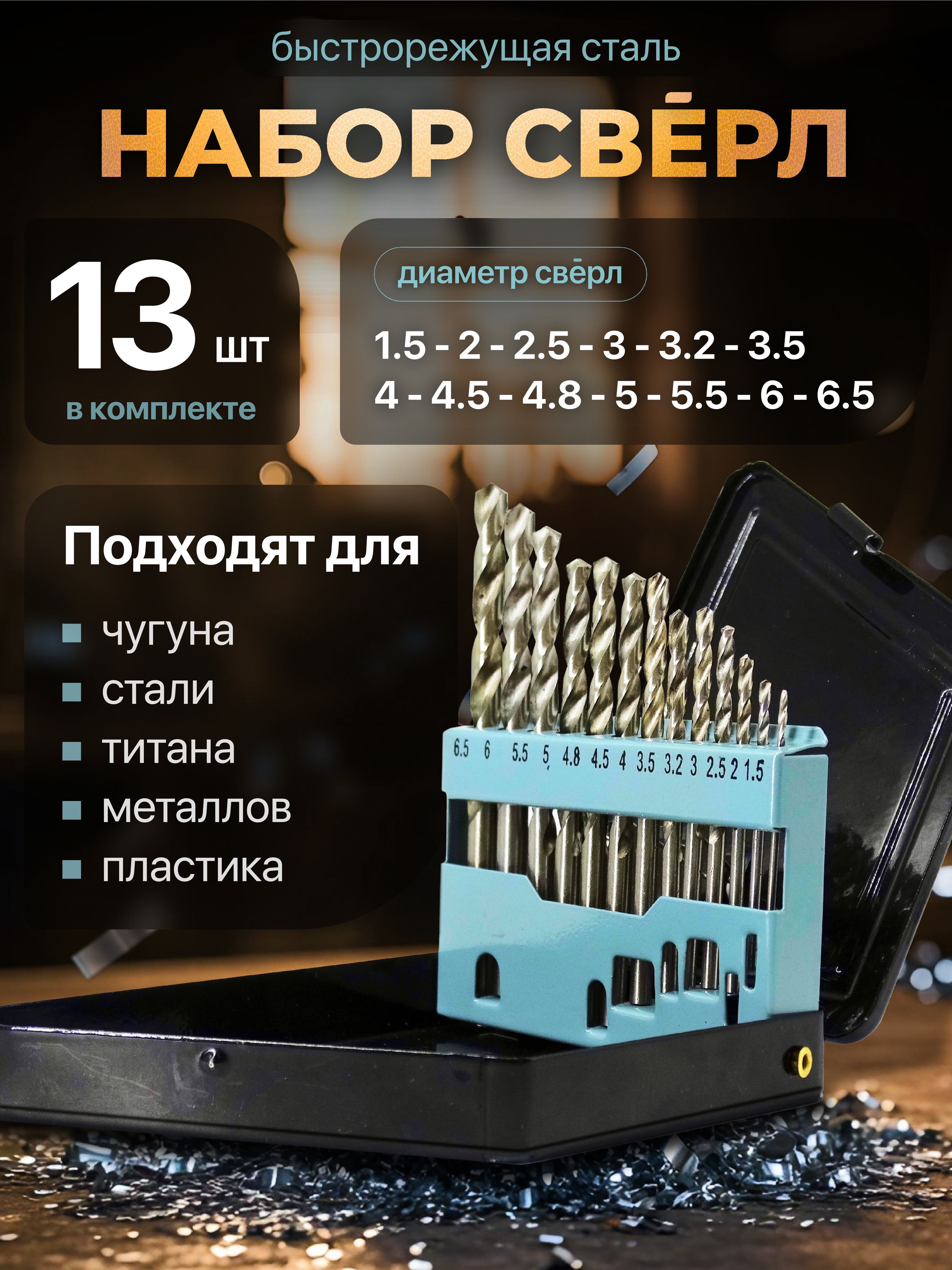 Набор сверл по металлу 1.5-6.5 мм из 13 штук, в металлическом кейсе