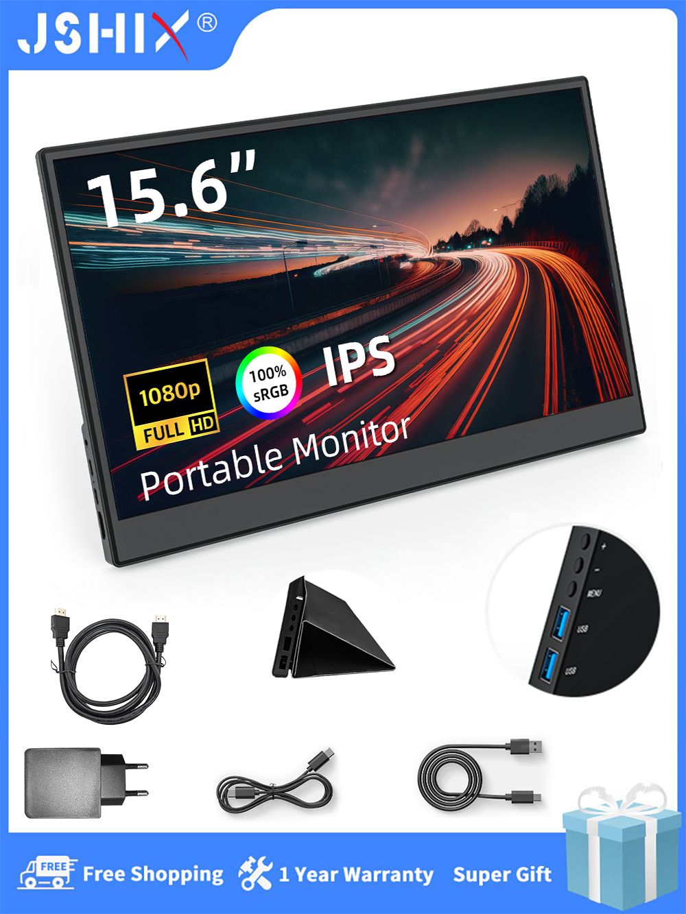 JSHIX15.6"МониторДвойнойUSB-порт,IPS,1920x1080,60Гц,черный