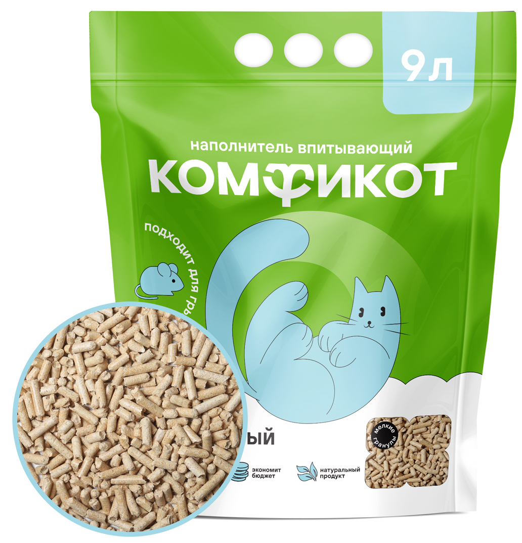 Наполнитель Комфикот древесный, впитывающий, мелкие гранулы, 9 л