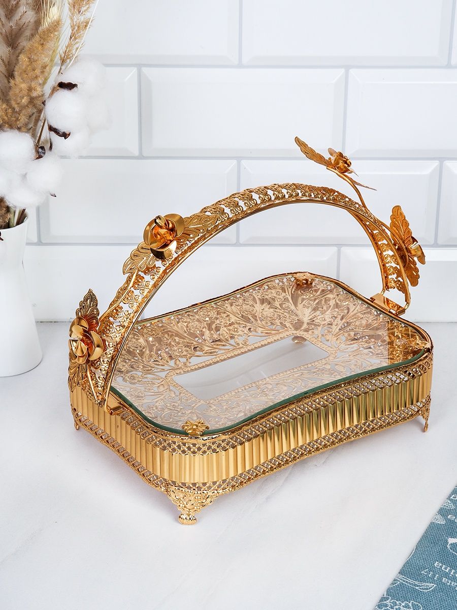 Фруктовница-корзина из стекла и металла, 25 х 18 см, золотистая Фруктовница-корзина из стекла и металла, 25 х 18 см, золотистая
