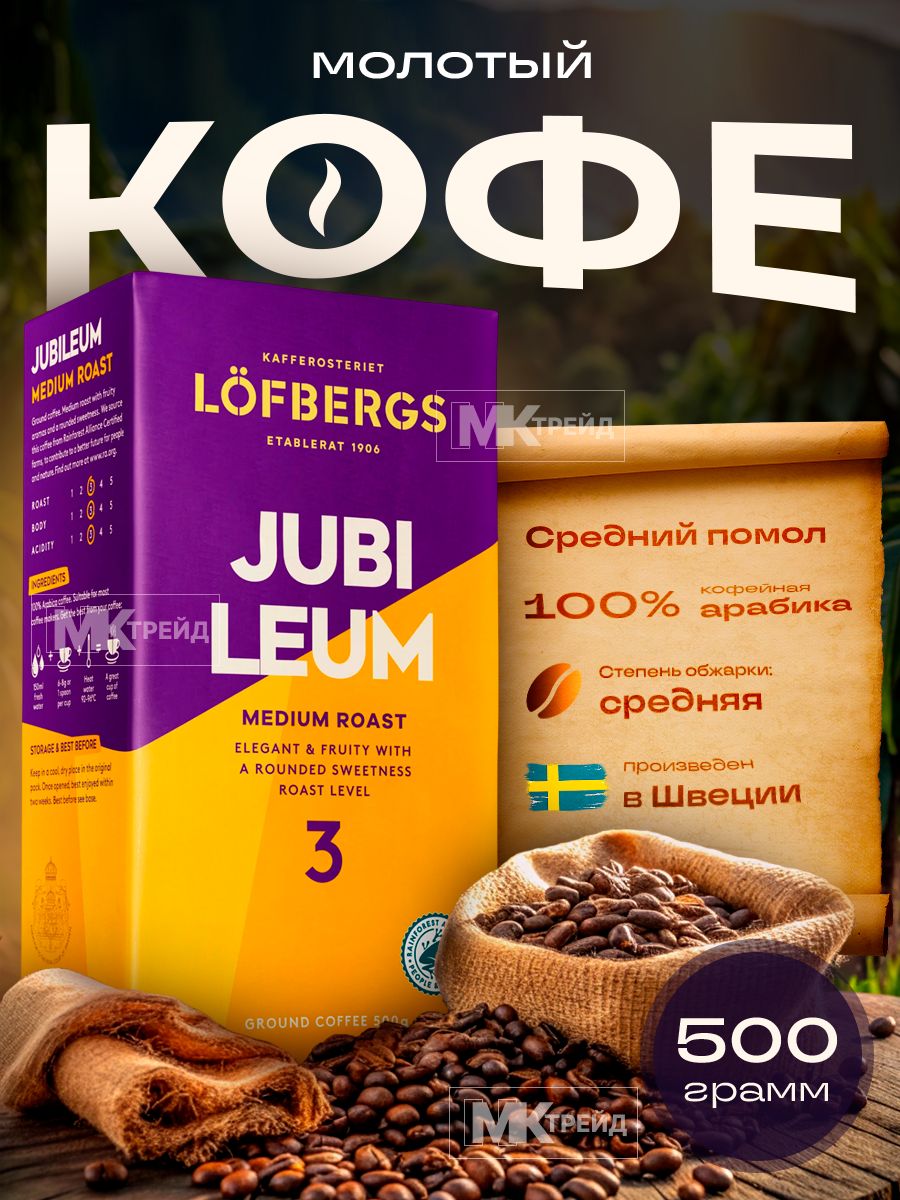 КофемолотыйнатуральныйсреднейобжаркиLOFBERGSJUBILEUM,500г,арабика,ШвецияПодарок