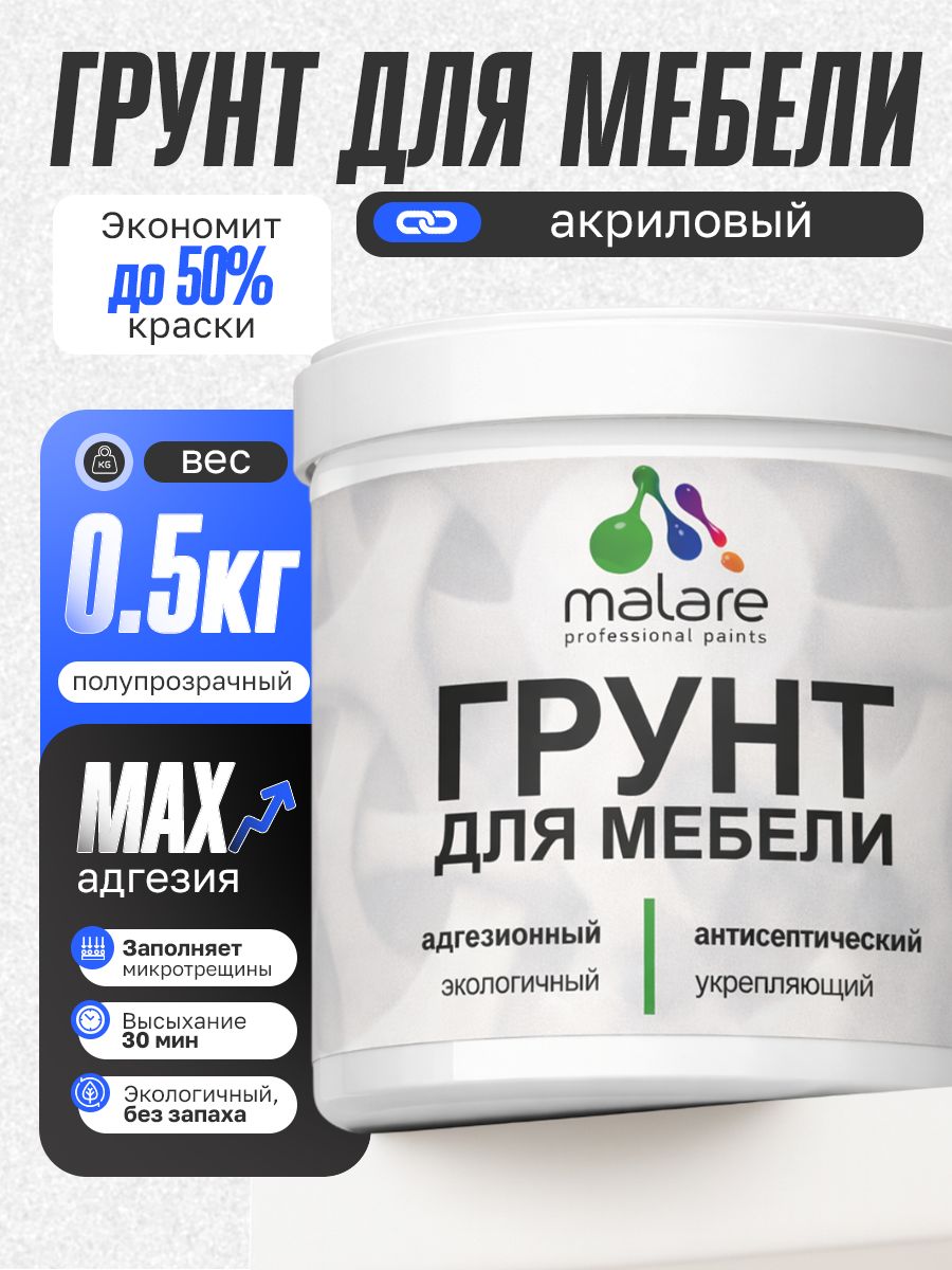 Грунт для мебели Malare акриловый адгезионный укрепляющий быстросохнущий без запаха, полупрозрачный, 0.5 кг.