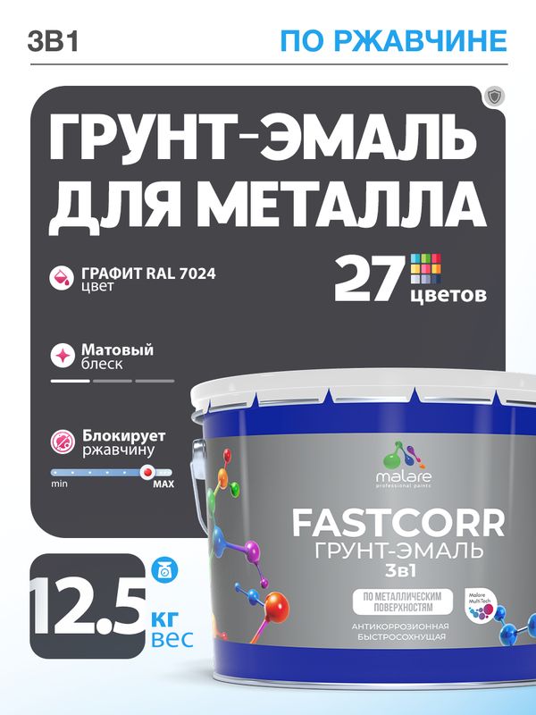 Грунт-эмаль по ржавчине 3 в 1 Malare FastCorr краска для металла, антикоррозионная износостойкая быстросохнущая RAL 7024, графитово-серый(темный), матовая, 12,5 кг.