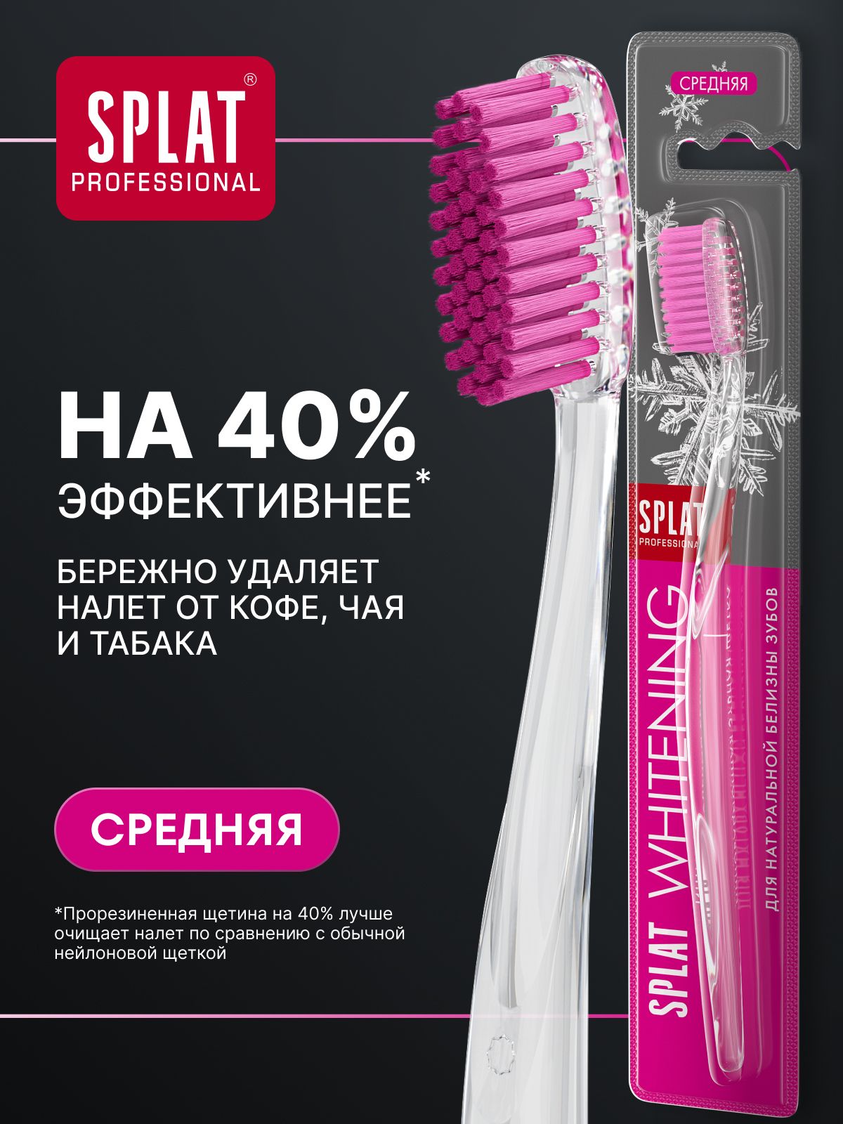 Инновационная зубная щетка средней жесткости SPLAT WHITENING для отбеливания зубов, розовая