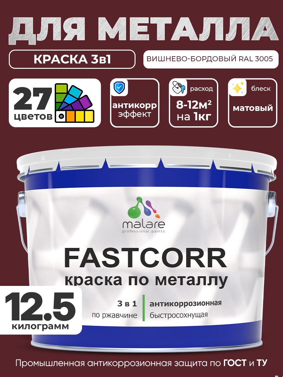 Краска для металла по ржавчине Malare FastCorr, для наружных работ износостойкая, быстросохнущая RAL 3005 вишнево-бордовый, матовая, 12,5 кг