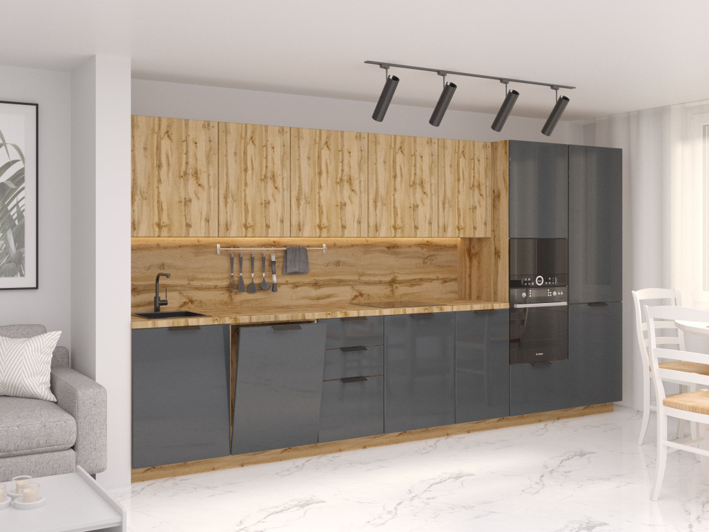 Кухонный гарнитур Фьюжн Anthracite глянец/Флэт Wotan Oak 2S, 4000 мм ...