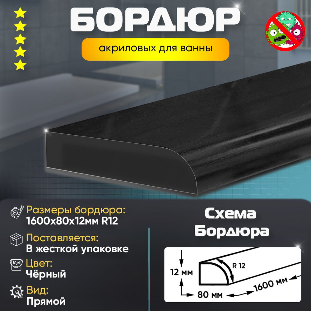 Плинтус Бордюр Акриловый для Ванной Комнаты Радиус R12 12х80х1600 Черный  #1