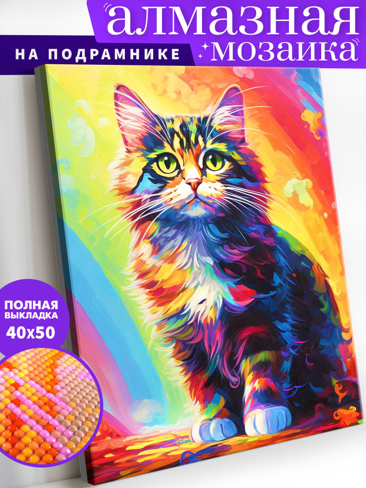 Алмазная мозаика на подрамнике 40х50 "Радужный кот" / мозаика алмазная  #1