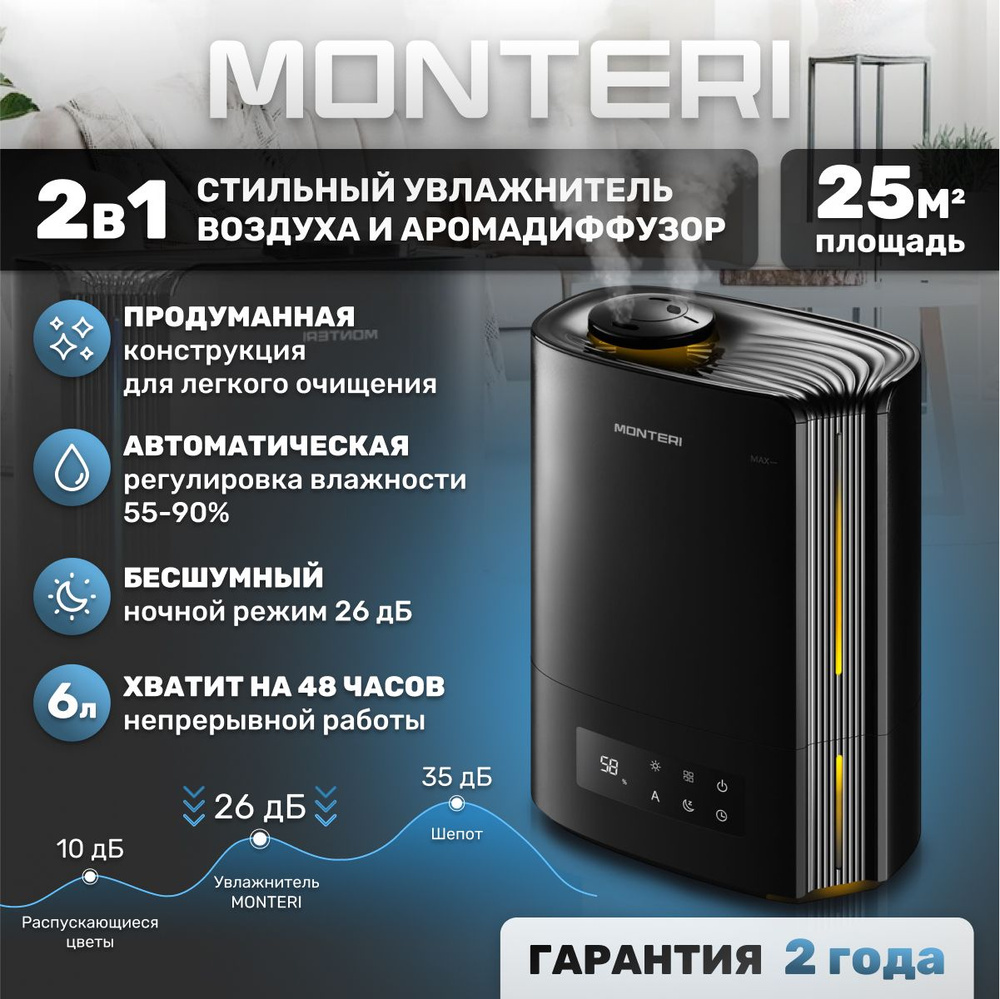 Увлажнитель воздуха для дома с аромадиффузором MONTERI Wasser B25, черный с  подсветкой, ультразвуковой воздухоувлажнитель с верхним заливом, тихий  пароувлажнитель в детскую комнату - купить с доставкой по выгодным ценам в  интернет-магазине OZON (