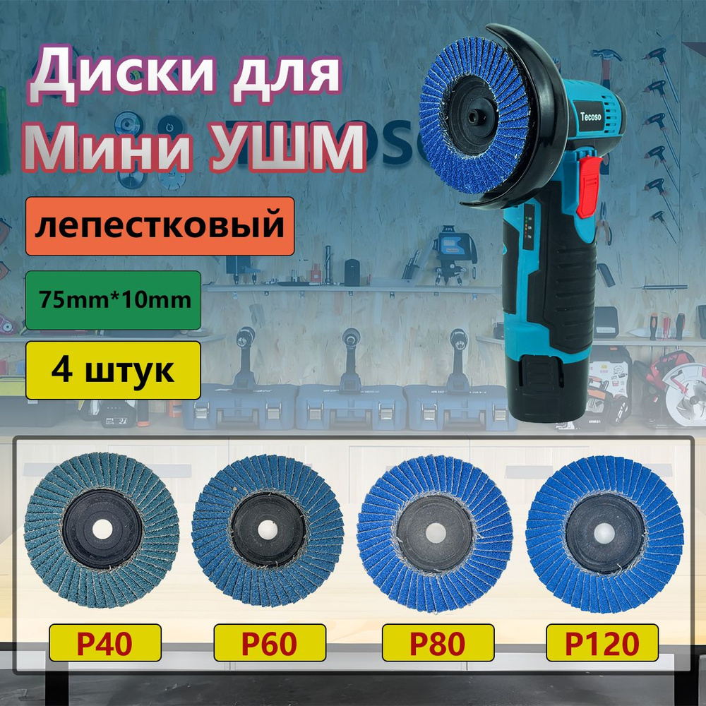 Диск шлифовальный для УШМ 75,P40/P60/P80/P120, 4шт,круг для мини болгарки, для шлифовки, зачистки, зашкуривания, #1