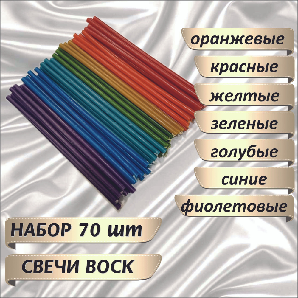 Свечи восковые №140 НАБОР РАДУГА. ПО ЧАКРАМ (красные, оранжевые, желтые,  зеленые, голубые, синие, фиолетовые) 7*10шт