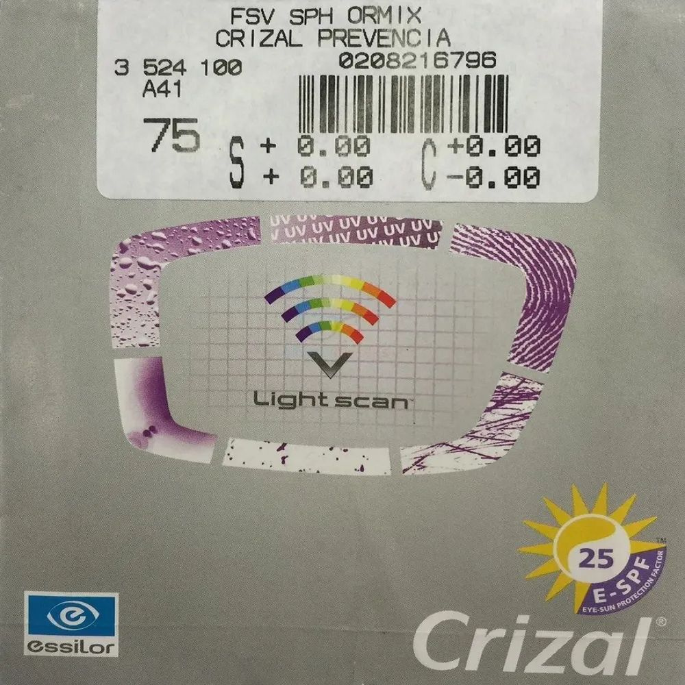 Линза для очков 1.61 Ormix Crizal Prevencia Sph -0.50 диаметр 75