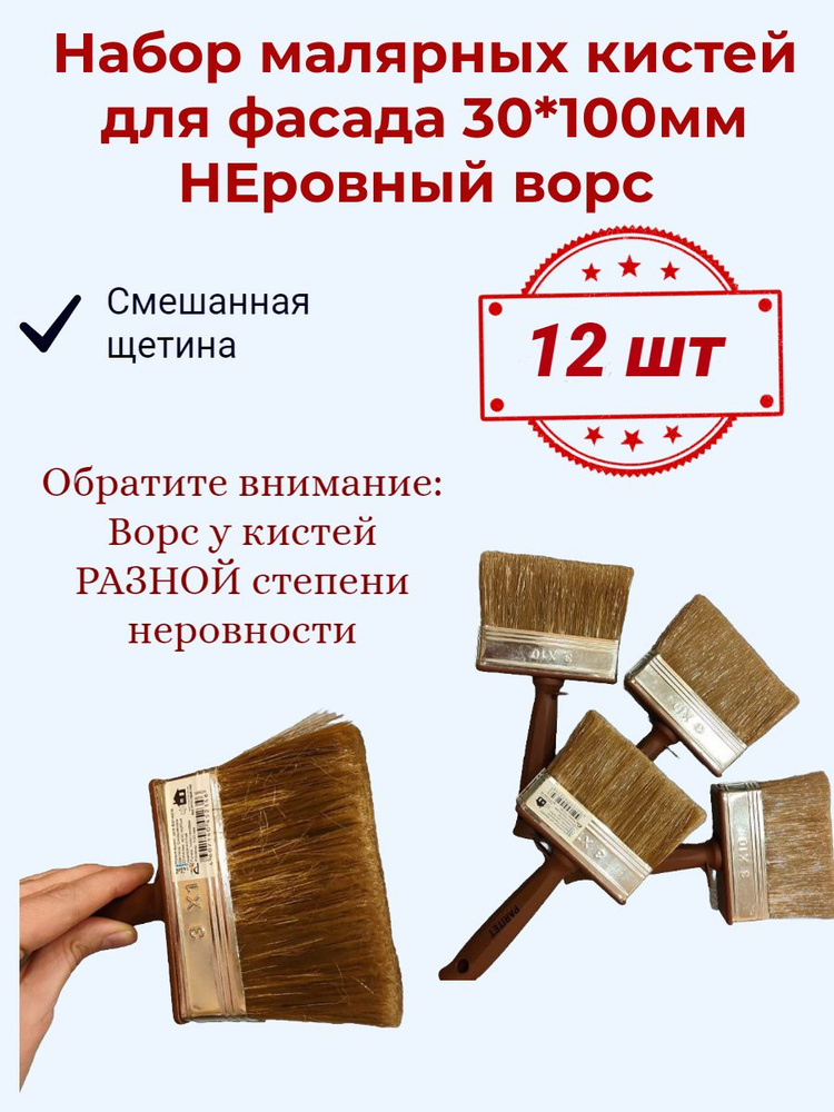 Набор 12 шт Кисть НЕРОВНЫЙ ворс ФАСАД ПЛАСТИК смеш. 100мм #1