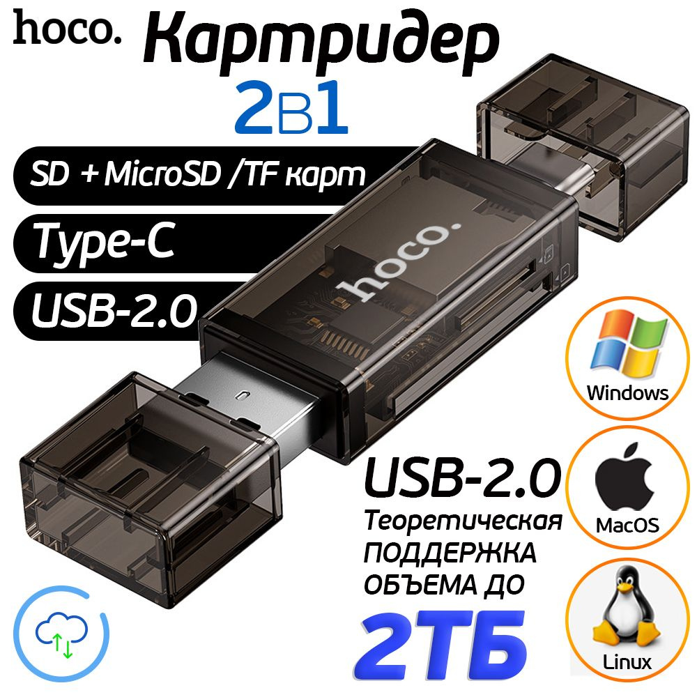 Картридер Type C - USB для чтения карт памяти SD и micro SD Hoco, кард ридер  для телефона, компьютера, ноутбука Черный-прозрачный Hoco DHD01 - купить с  доставкой по выгодным ценам в интернет-магазине