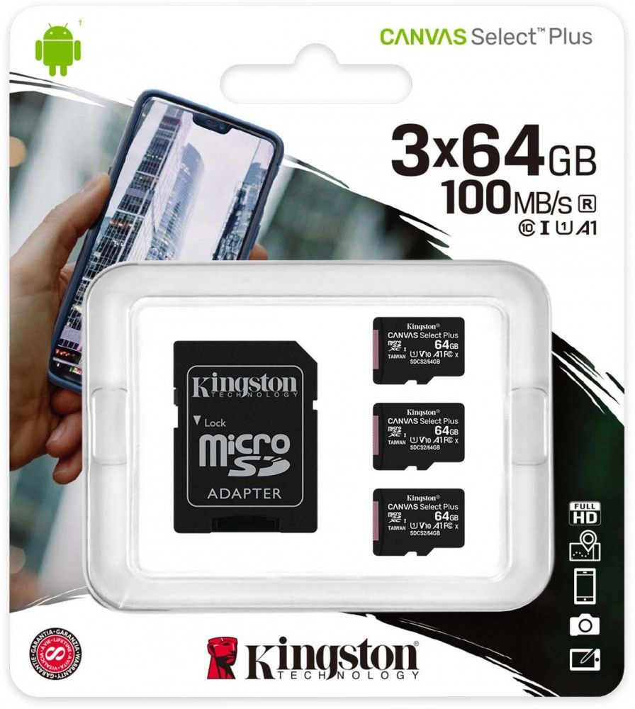 Карта памяти 64Gb MicroSD Kingston Canvas Select Plus + SD адаптер (SDCS2/64GB-3P1A), SDCS2/64GB-3P1A #1