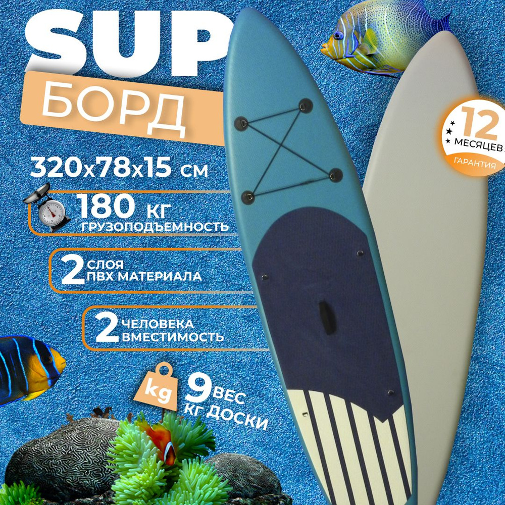 Надувной прогулочный SUP board Viking 320*78*15 см с насосом в комплекте и влагозащитным рюкзаком / Сап #1