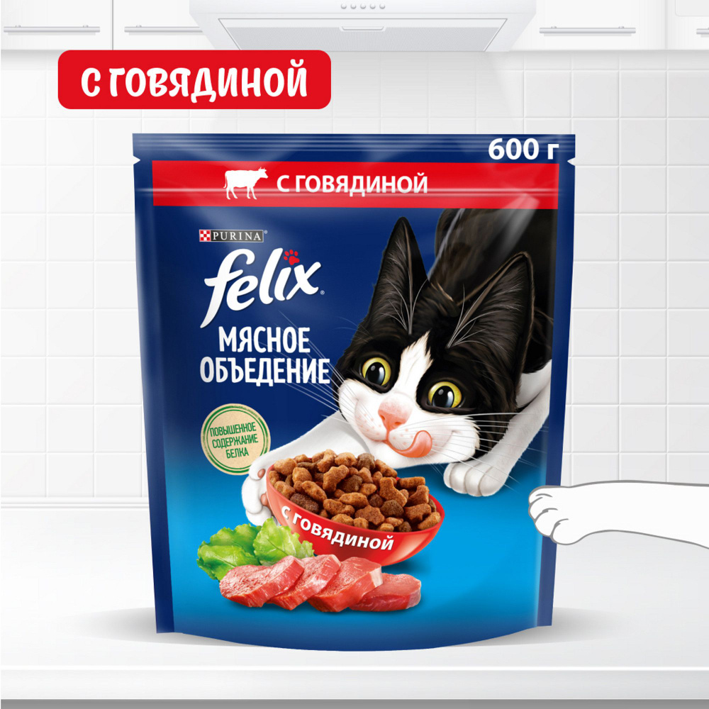 Сухой корм для кошек Felix Мясное объедение, с говядиной, 600 г - купить с  доставкой по выгодным ценам в интернет-магазине OZON (256987511)