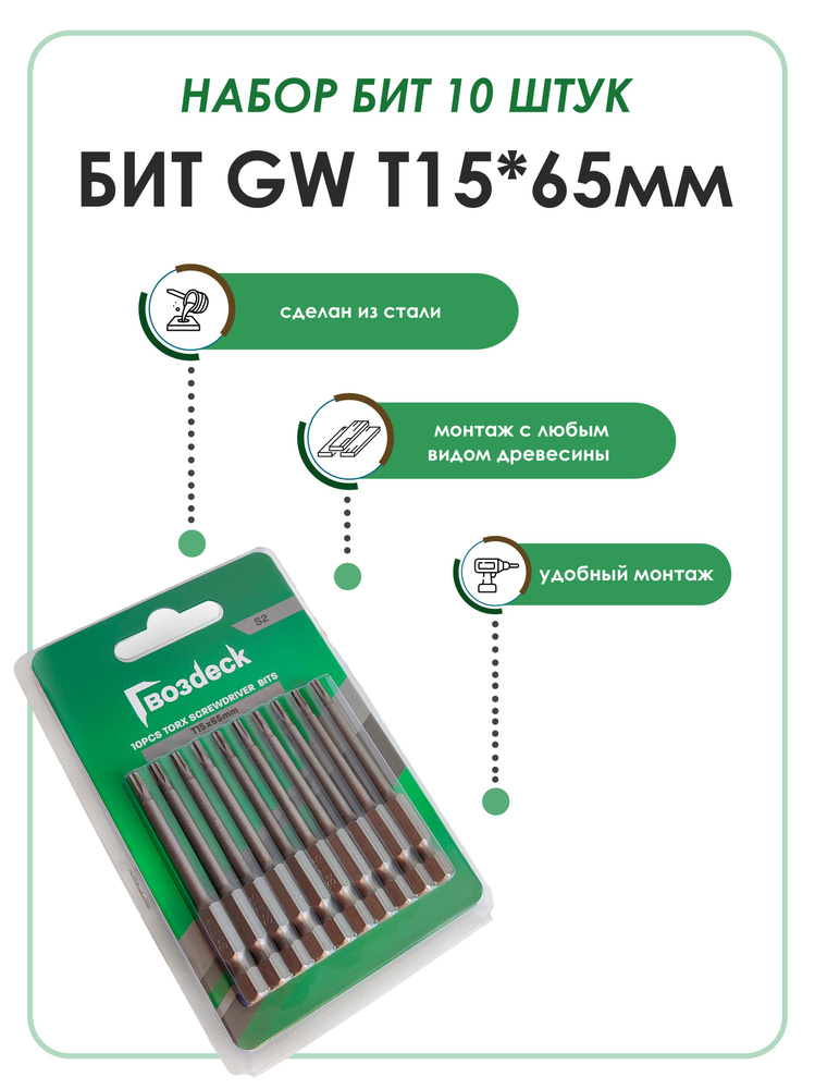 Бита Gwozdeck HR Torx 15 65 мм для инструмента Джет односторонняя CrV 10шт блистер  #1