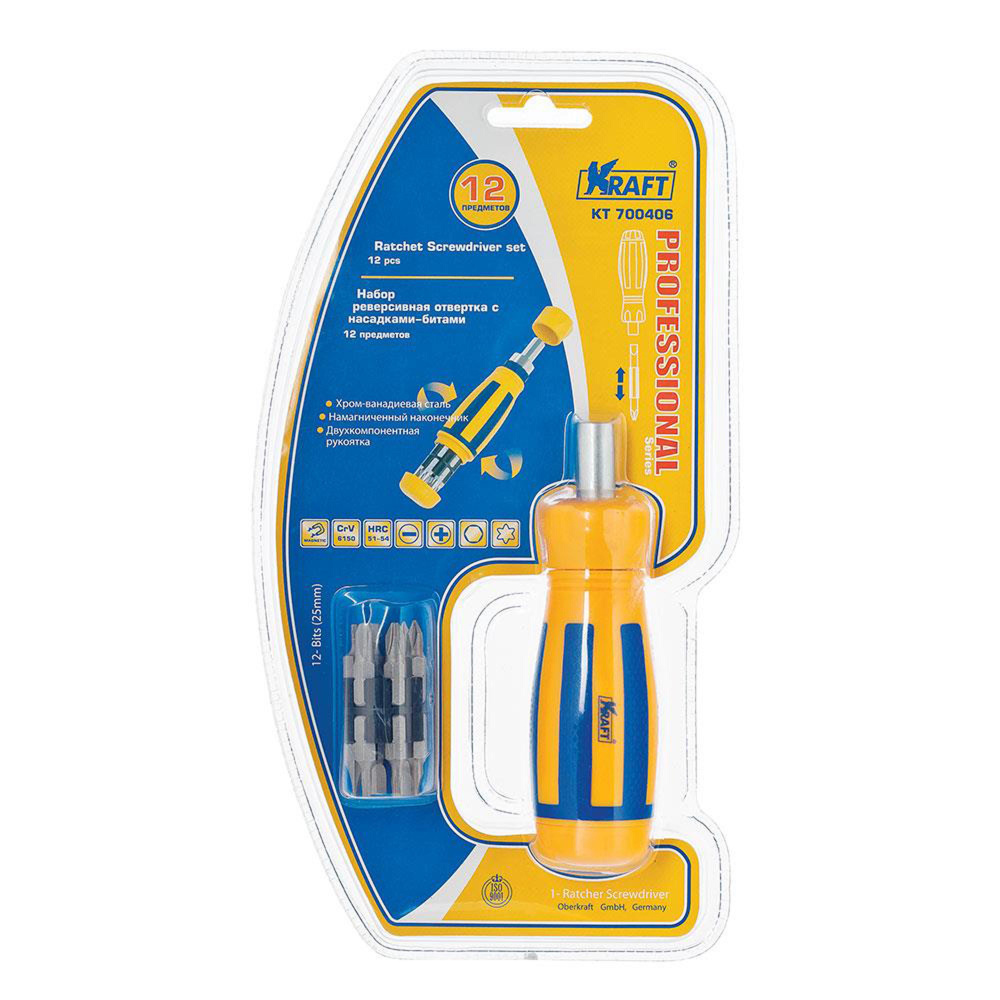 Отвертка реверсивная 12 предметов с насадками-битами Kraft - купить с ...
