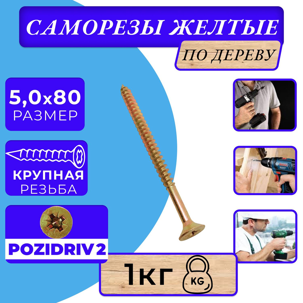 Саморезы по дереву желтые 5х80 жёлтый цинк. #1