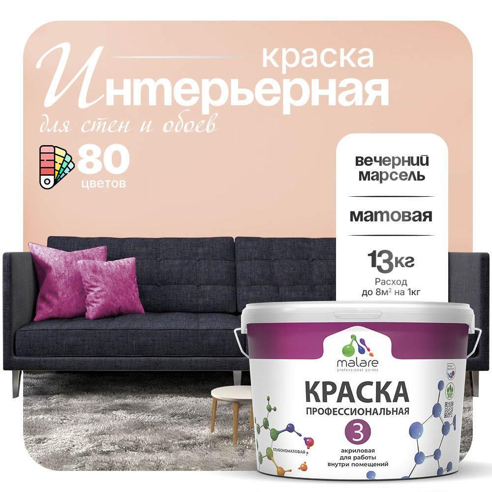 Краска Malare Professional Euro №3 интерьерная для стен и обоев, для потолка, акриловая, быстросохнущая, #1