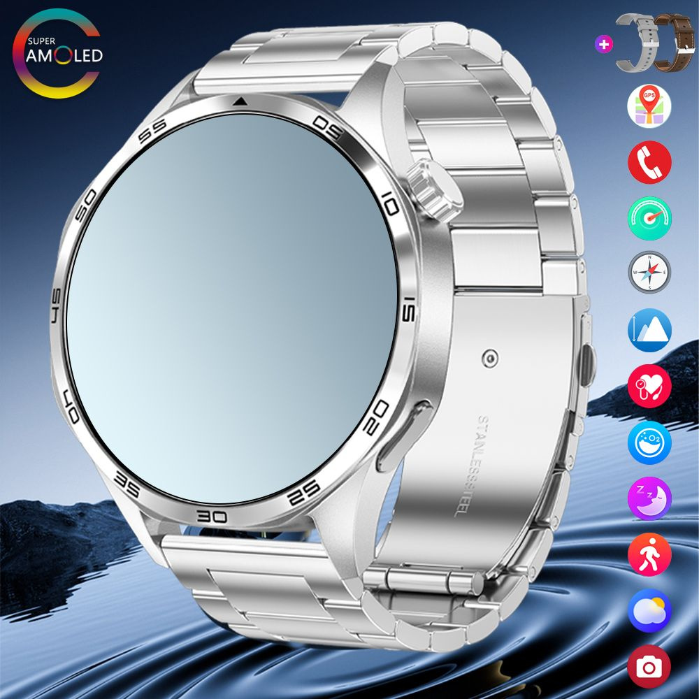 SACOSDING Умные часы Cмарт часы amoled, 47mm, Серебристая сталь B+3 ремня  #1