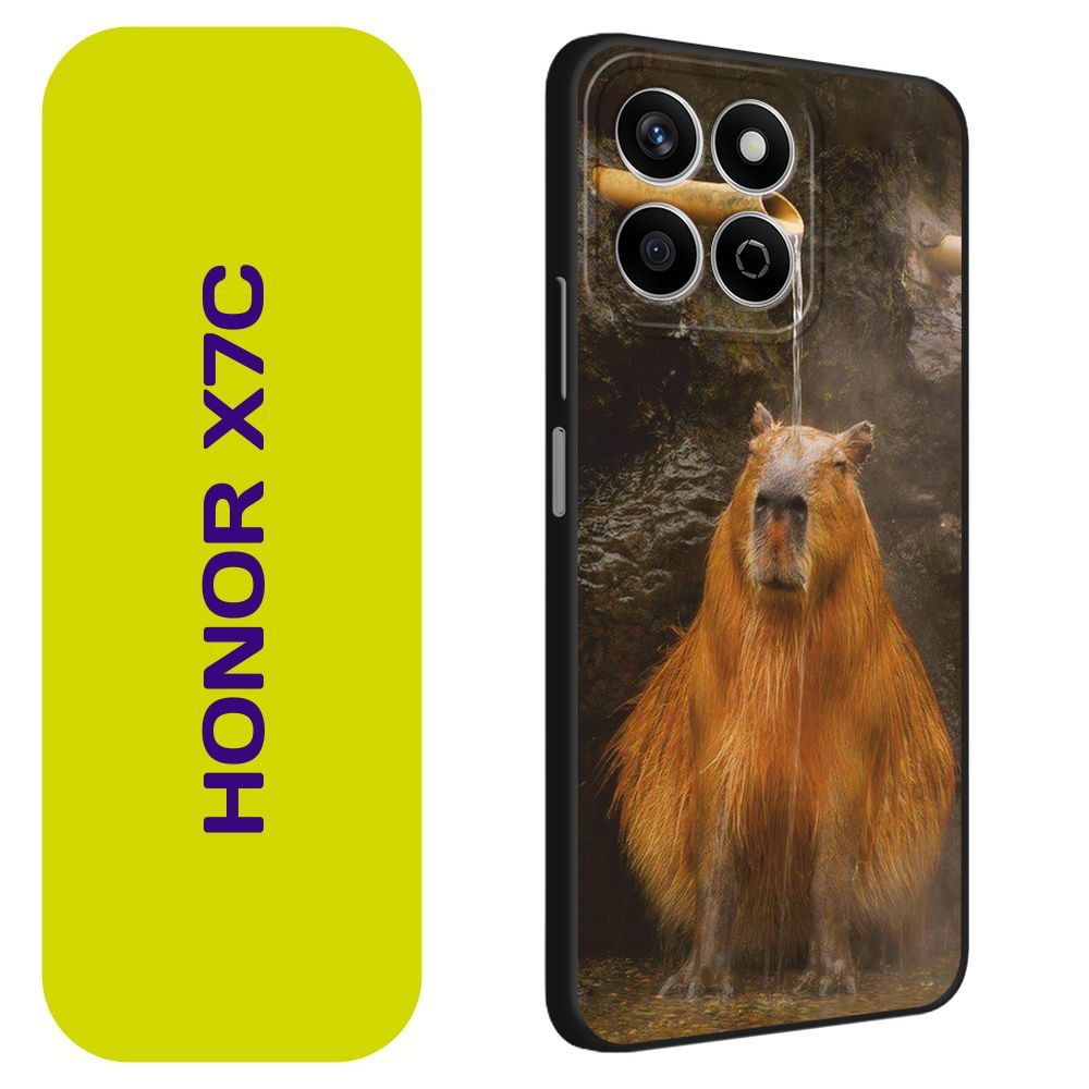 Матовый силиконовый чехол на Honor X7C / Хонор X7C "Капибара на отдыхе", черный  #1