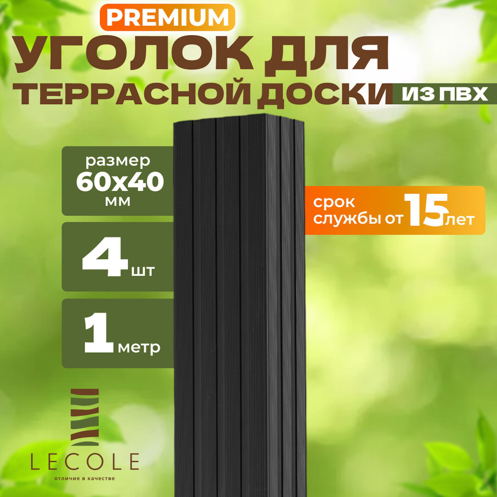 Уголок LECOLE для террасной доски из ДПК 60х40 мм, длина 1 метр, комплект 4 шт., цвет антрацит (ПВХ) #1