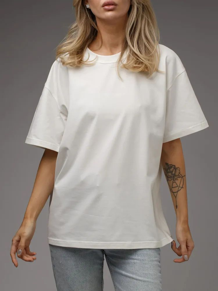 Футболка Женский белый Средний, размер 44 Кулирная гладь Однотонный ...