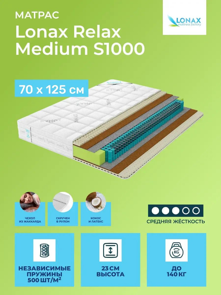 Матрас 70х125 Lonax Relax Medium S1000, независимые пружины, двусторонний с одинаковой жесткостью, cредне-жёсткий, #1