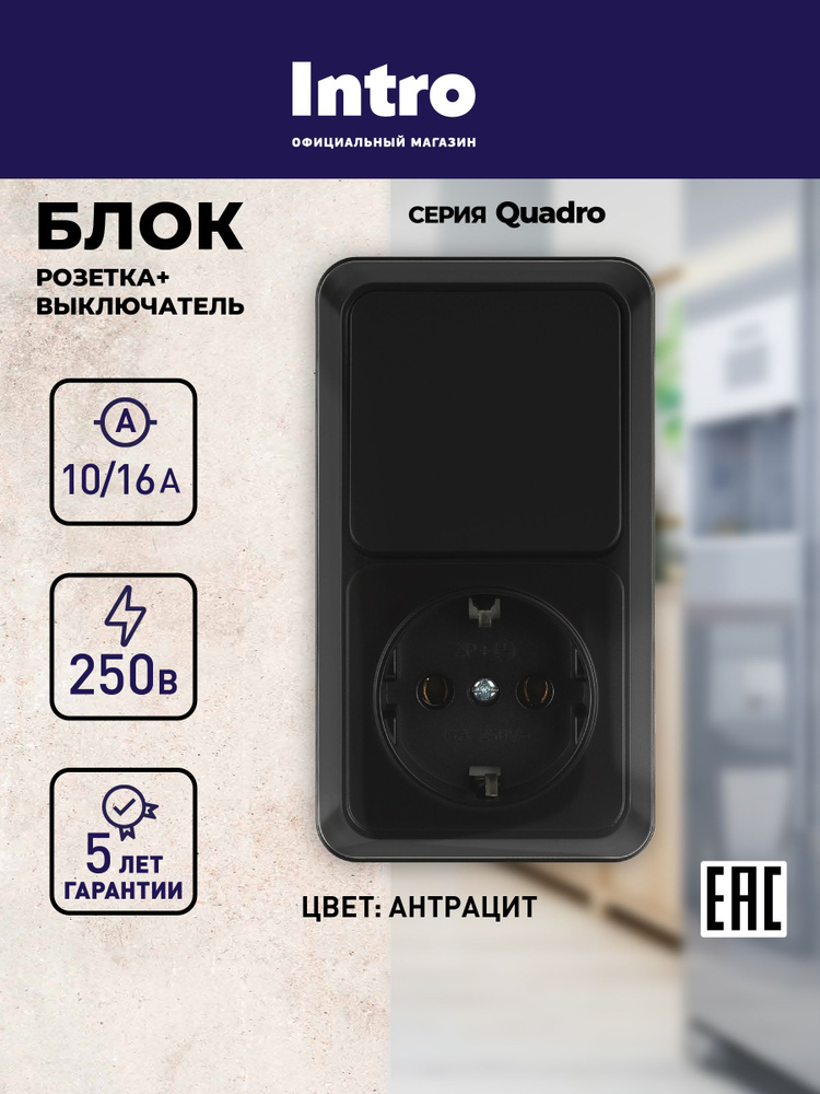Блок розетка с выключателем Intro Quadro вертикальный 10(16)А-250В IP20 открытой установки антрацит #1