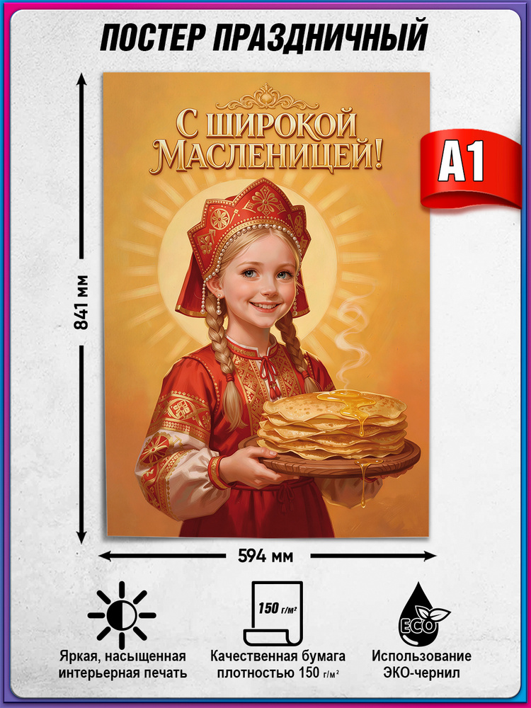 Плакат "С Широкой Масленицей!а" / Постер для украшения к Масленице / А-1 (60x84 см.) #1
