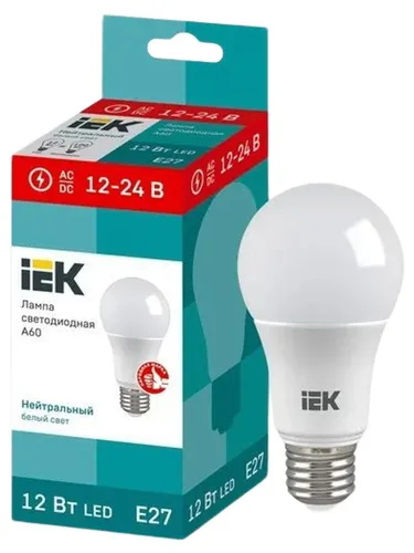 Лампа светодиодная 12Вт, A60, грушевидная 4000К, нейтр. бел. E27, 12-24В, низковольтная.