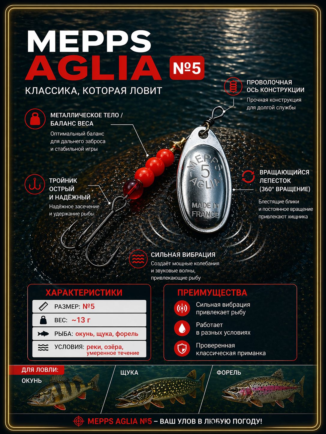 Блесна вращающаяся для рыбалки Mepps AGLIA №5 на щуку, окуня, форель
