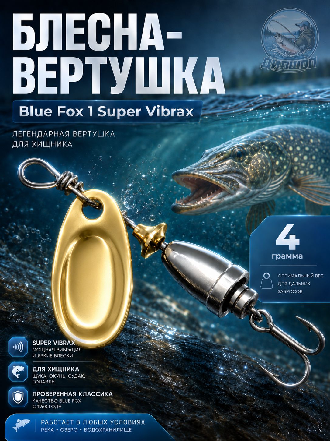 Блесна BLUE FOX № 1 на щуку, жереха, сома