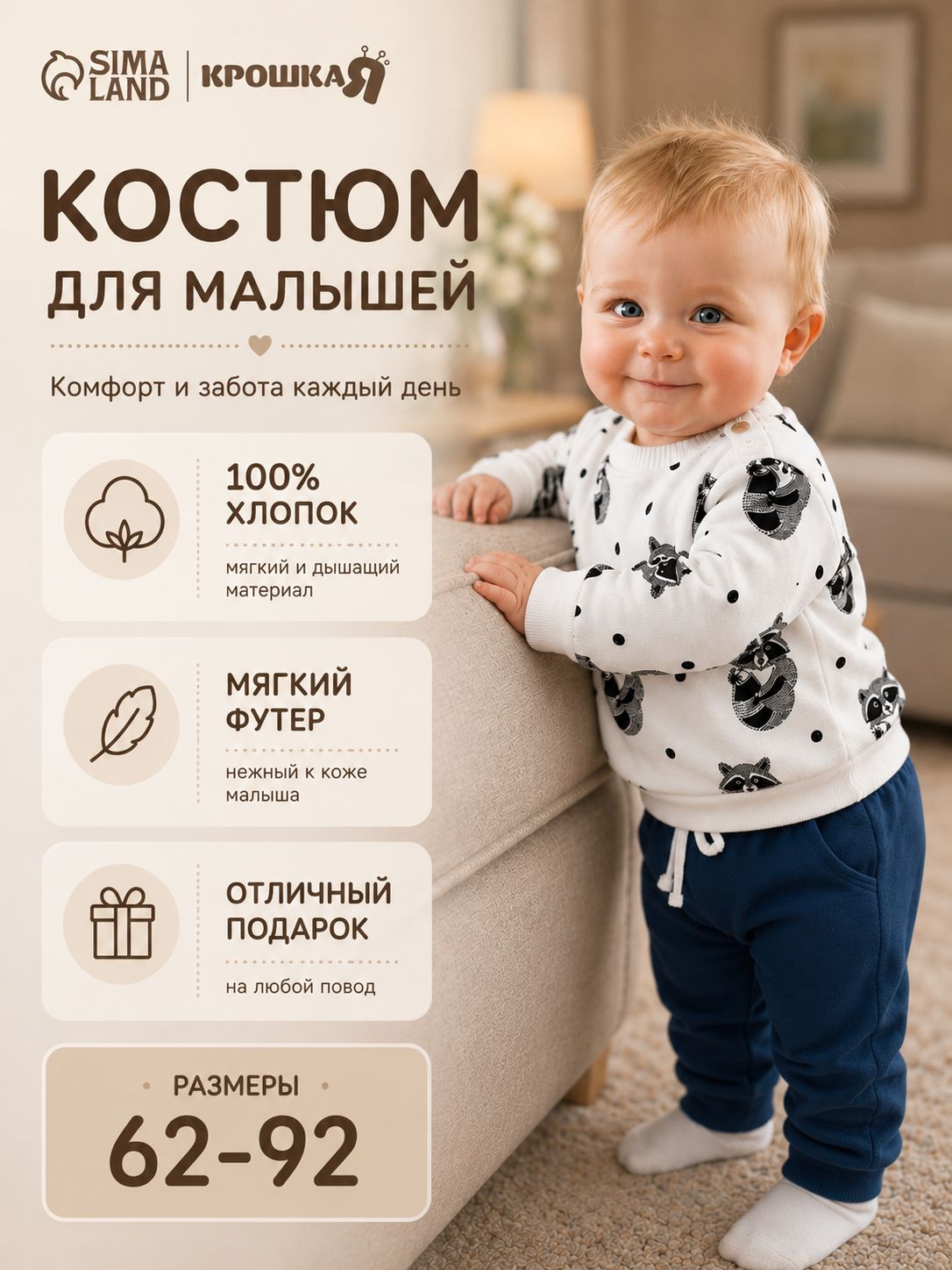 Костюм для мальчиков, для новорожденных малышей, Крошка Я, "Еноты" 68 74