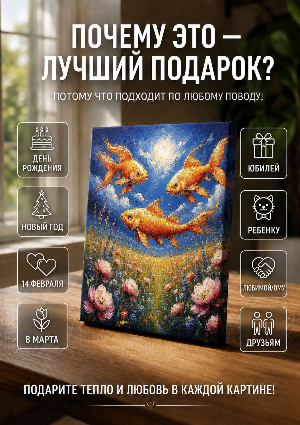 Золотые рыбки над цветами