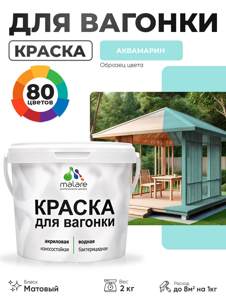 Акриловая краска для вагонки Malare для дерева, для фасадов и интерьера с антисептическим эффектом, быстросохнущая, без запаха, матовая, аквамарин, 2 кг