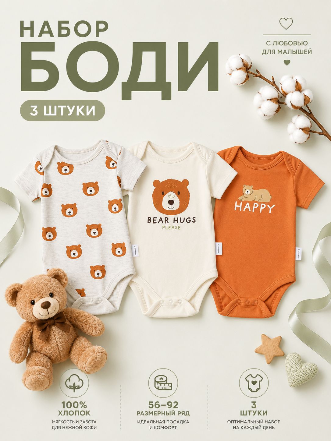 Боди для новорождённых с коротким рукавом Крошка Я Bear, набор 3 шт., рост 80-86 см