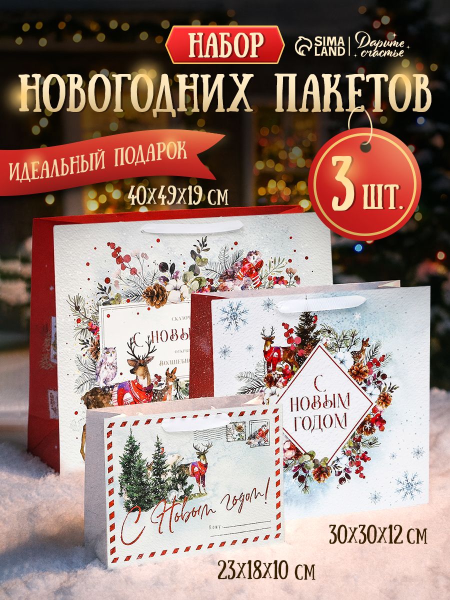 Пакеты новогодние подарочные, набор 3 шт