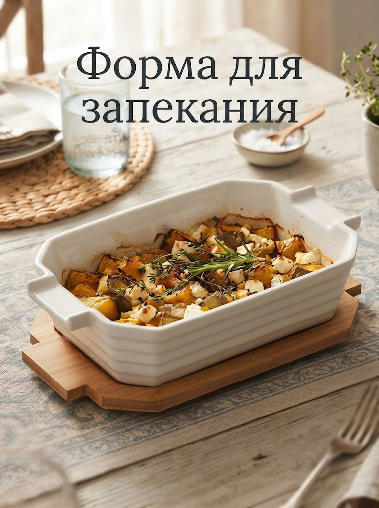 Форма для запекания, объем 1 л, с бамбуковой крышкой, керамическая