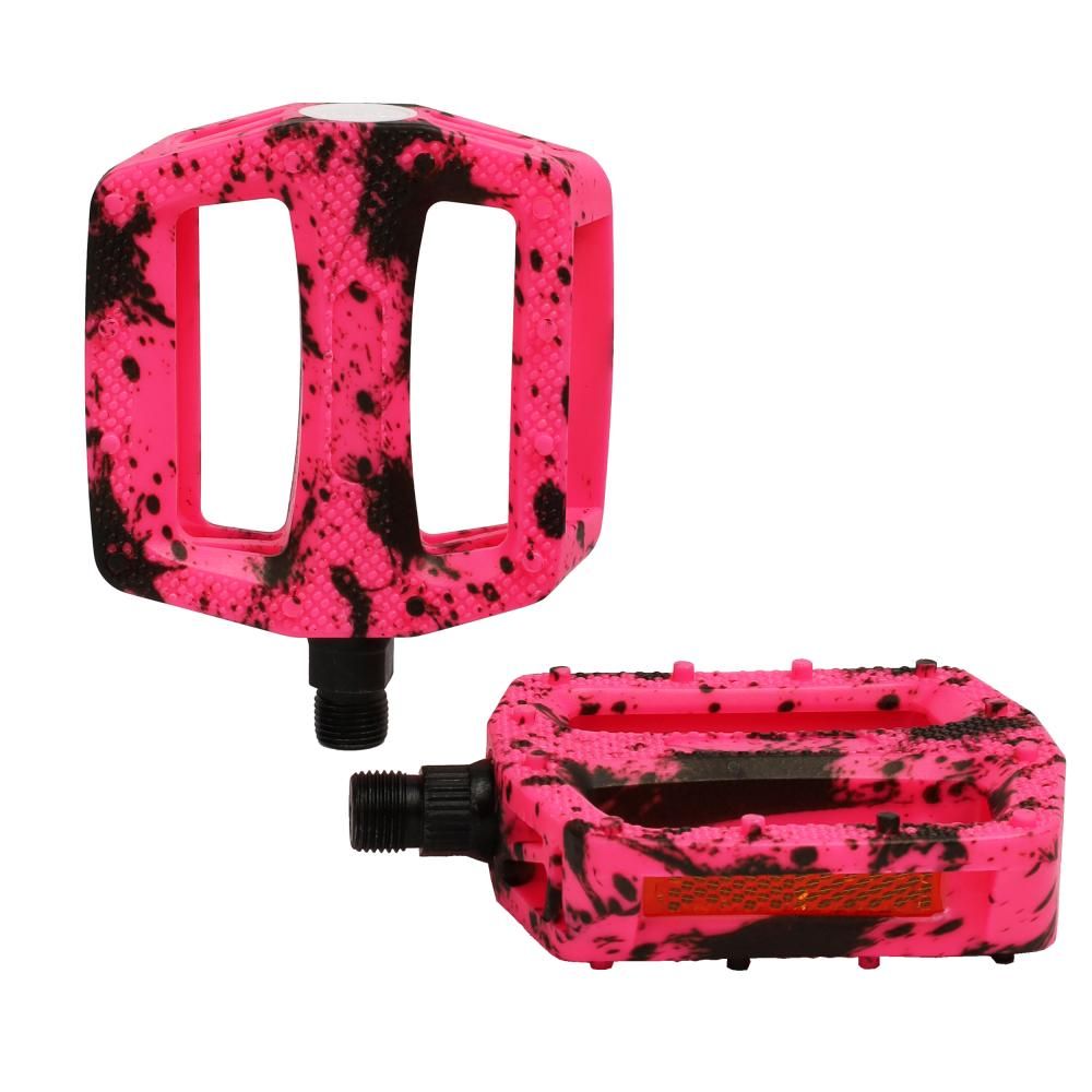 Педали велосипедные COMIRON MX-P657P, для BMX, полипропиленовые со стальными элементами, резьба 9/16 дюйма, на подшипниках, 108 х 98 мм, с отражателями, черно-розовые, 2 шт.