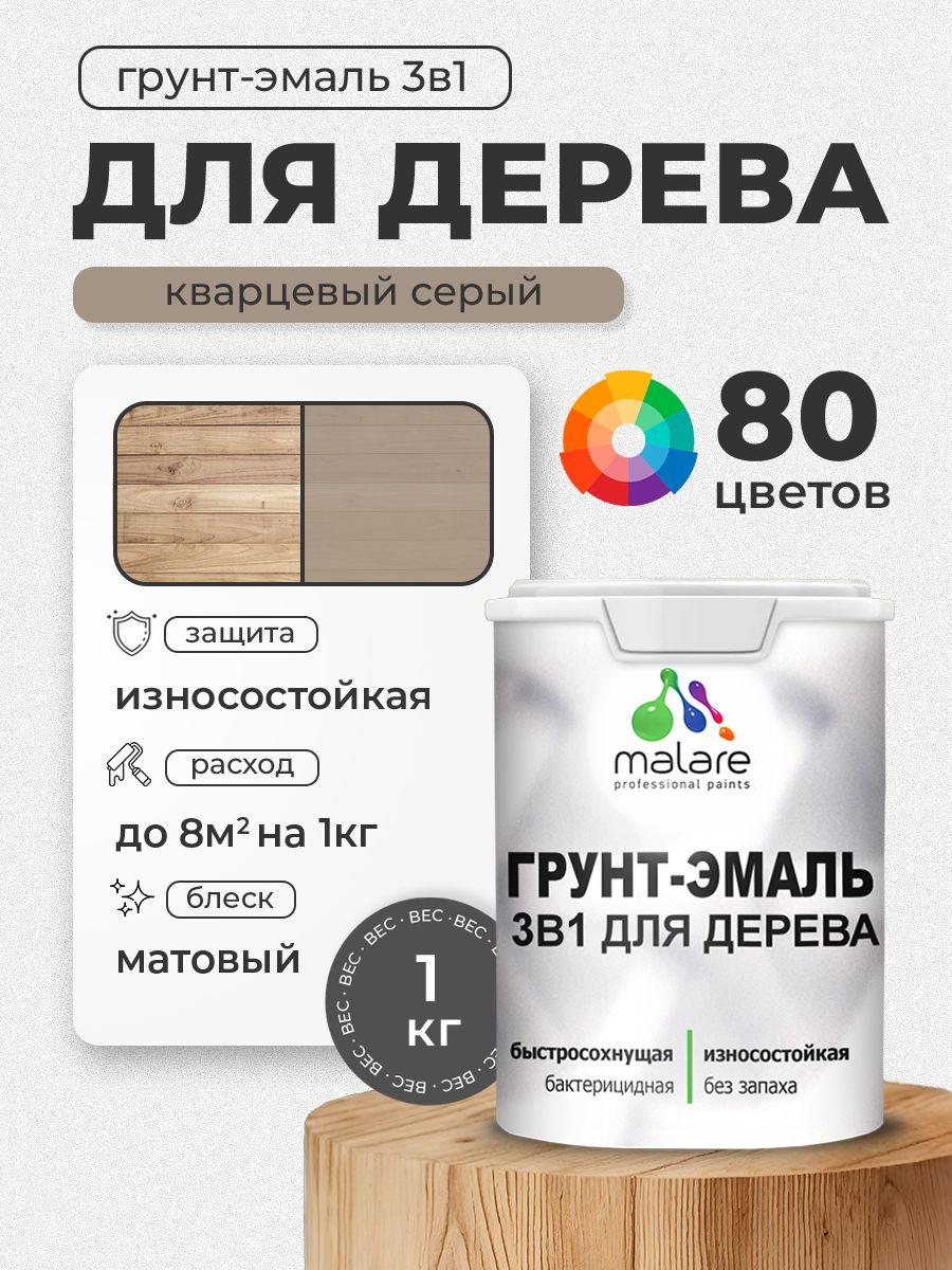 Акриловая Грунт-Эмаль 3 в 1 Malare для деревянных поверхностей с антисептическим эффектом, быстросохнущая, моющаяся без запаха матовая, кварцевый серый, 1 кг