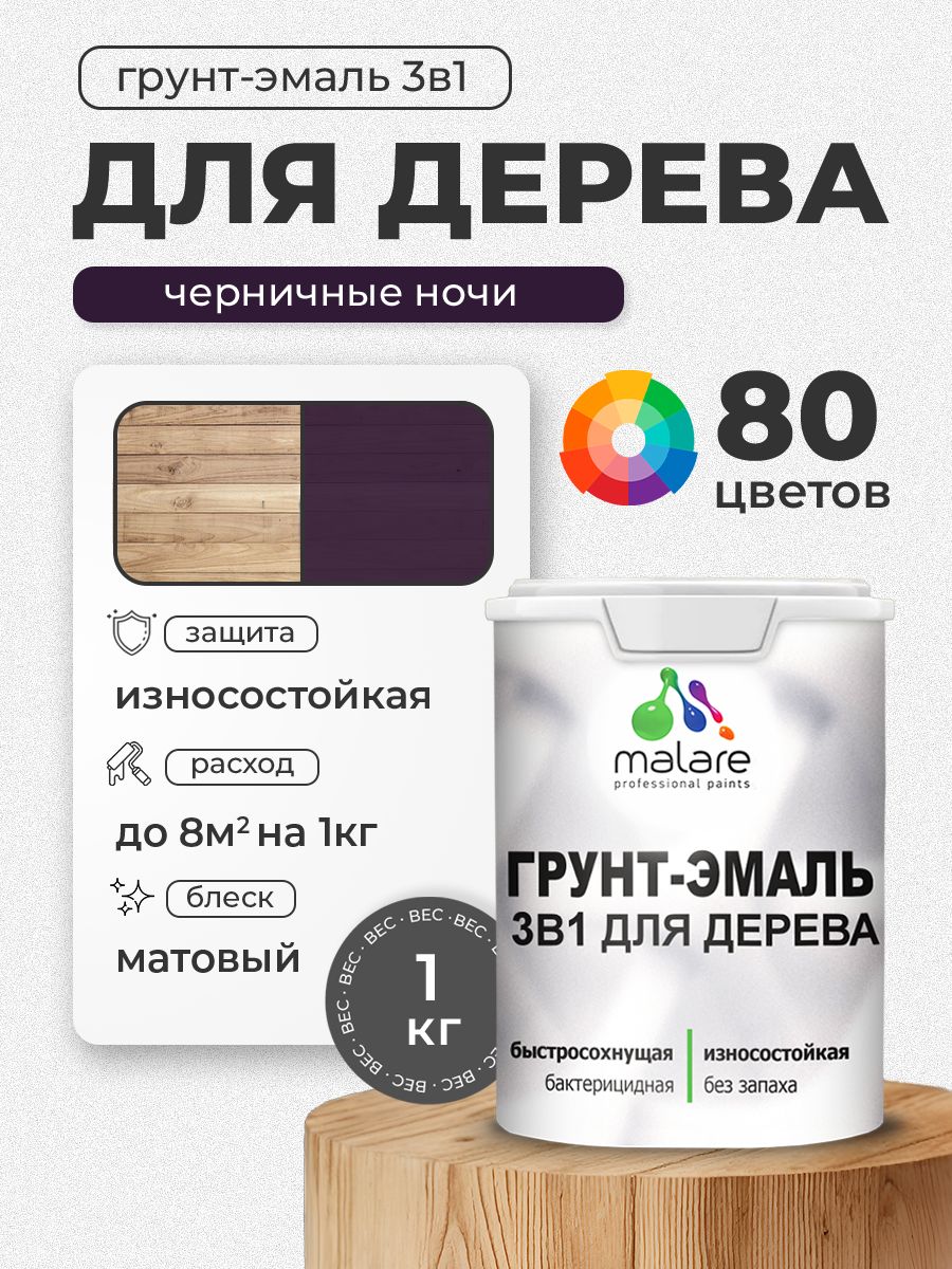 Акриловая Грунт-Эмаль 3 в 1 Malare для деревянных поверхностей с антисептическим эффектом, быстросохнущая, моющаяся без запаха матовая, черничные ночи, 1 кг