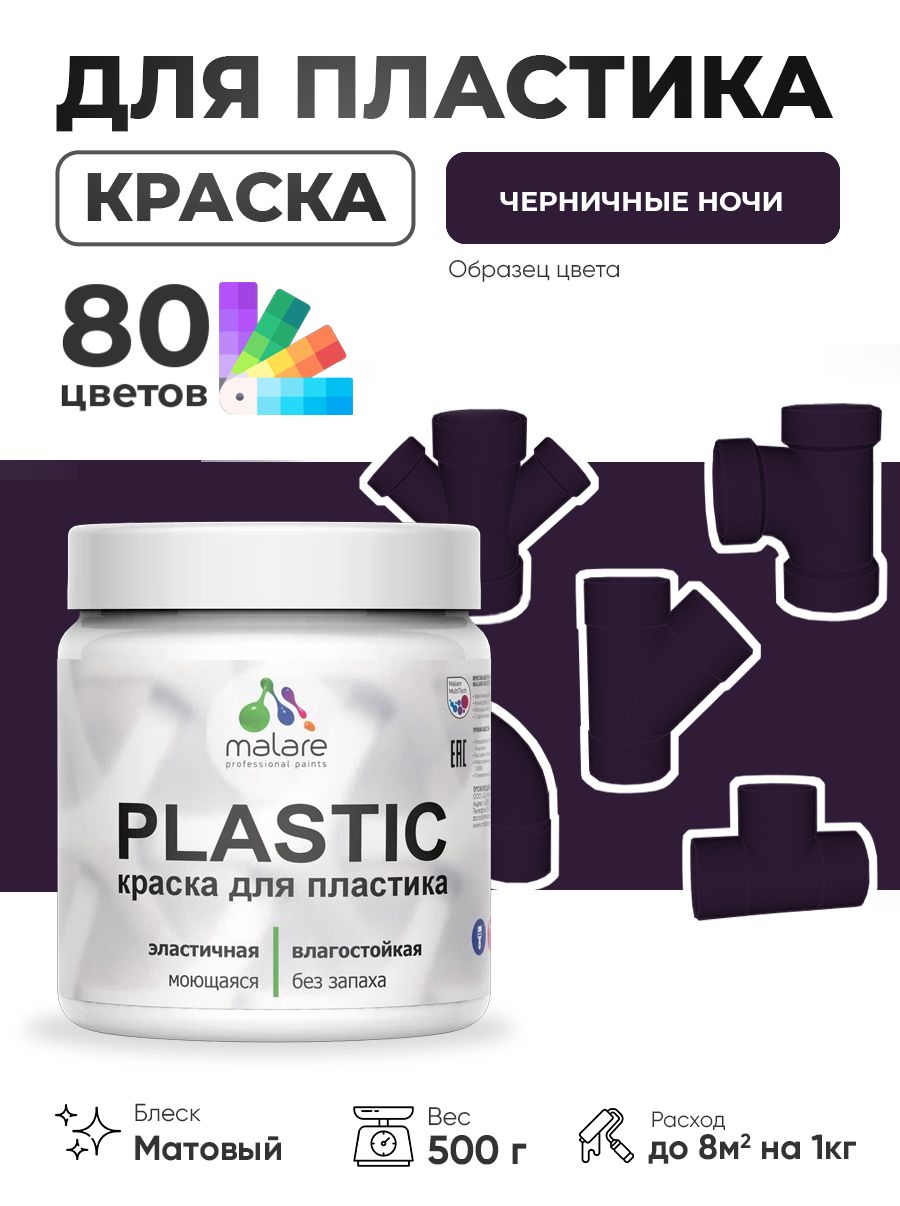 Акриловая краска для пластика Malare Plastic для пенопласта ПВХ сайдинга, для подоконников и откосов, быстросохнущая без запаха, матовая, черничные ночи, 0.5 кг