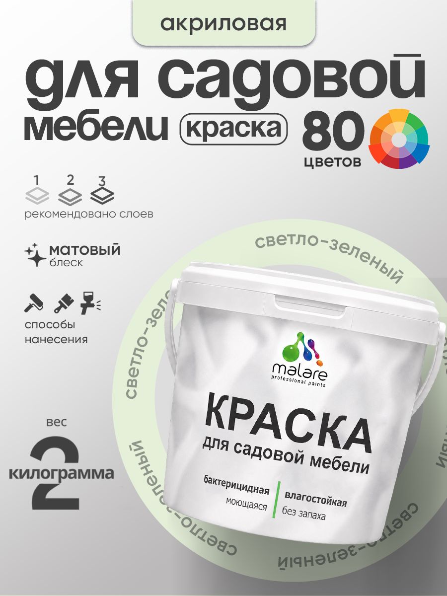 Акриловая краска Malare для садовой мебели/ по дереву, для наружных и внутренних работ/ быстросохнущая моющаяся без запаха матовая, светло-зеленый, 2 кг